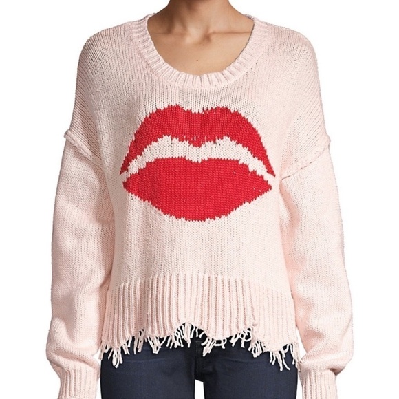 Wildfox NWT First Kiss Luna Knit Pink Red Lips Distressed Hem Cuffs Sweater M - Picture 8 of 14
